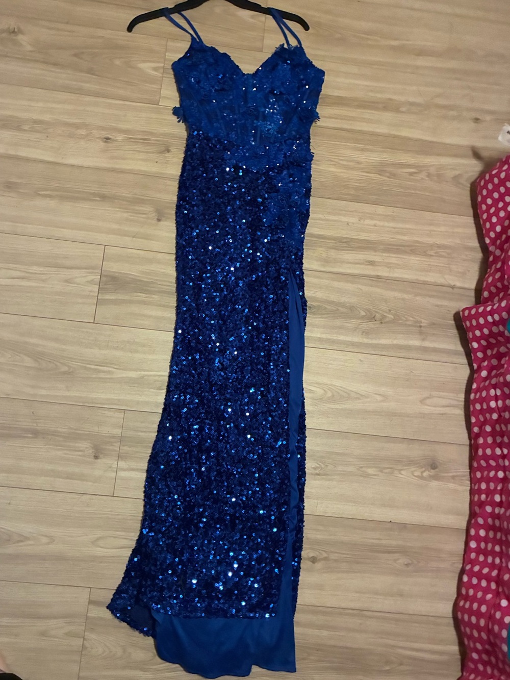 Royal Blue Sequin Prom Dress with Spaghetti Straps